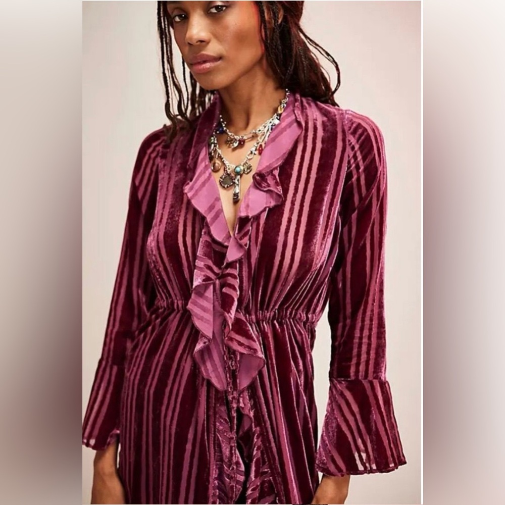 Free People Dolly Duster, Velvet, Midi Length, Robe, Burgundy, Striped, XL, NWT - Picture 2 of 7